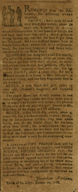"Runaway" advertisement from the "Barbados Mercury" newspaper (January 3, 1789)
